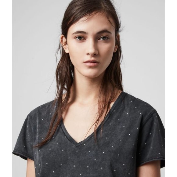 All Saints Women Emelyn V-Neck Stud T-Shirt Top S - Picture 2 of 6